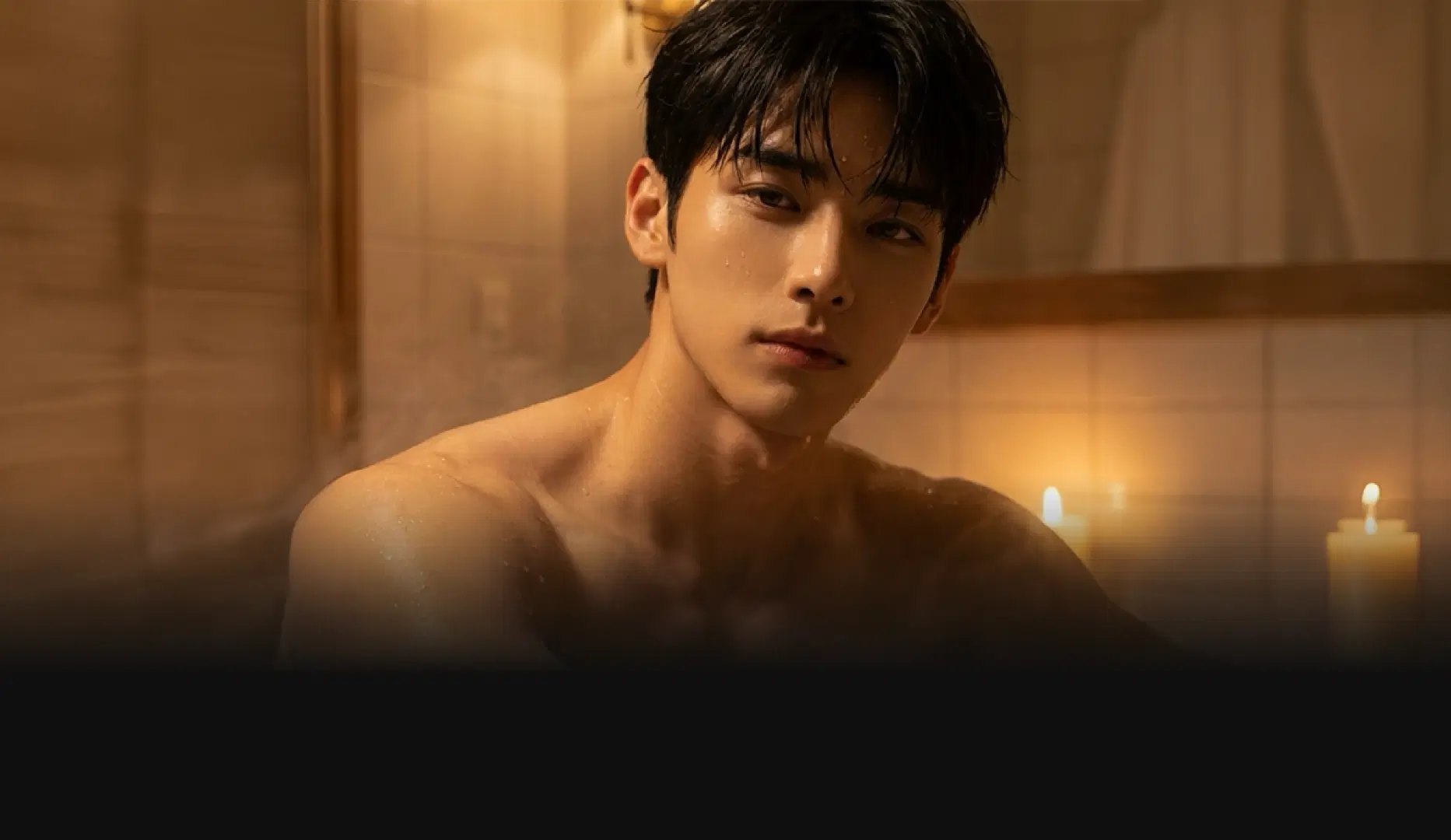 AI boyfriend character relaxing in a candlelit bath with a soft romantic expression