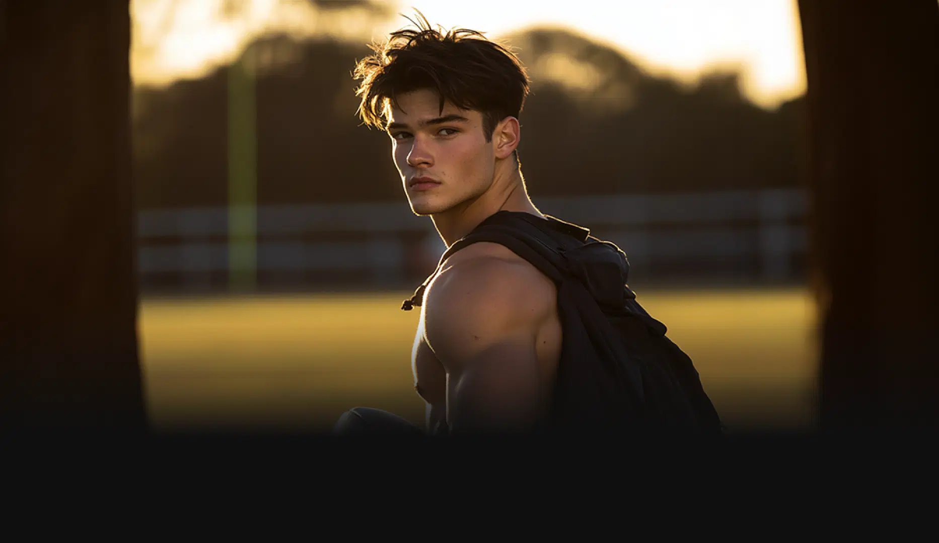 Athletic young man holding an American football at sunset, wearing a backpack and looking over his shoulder on a grassy field.