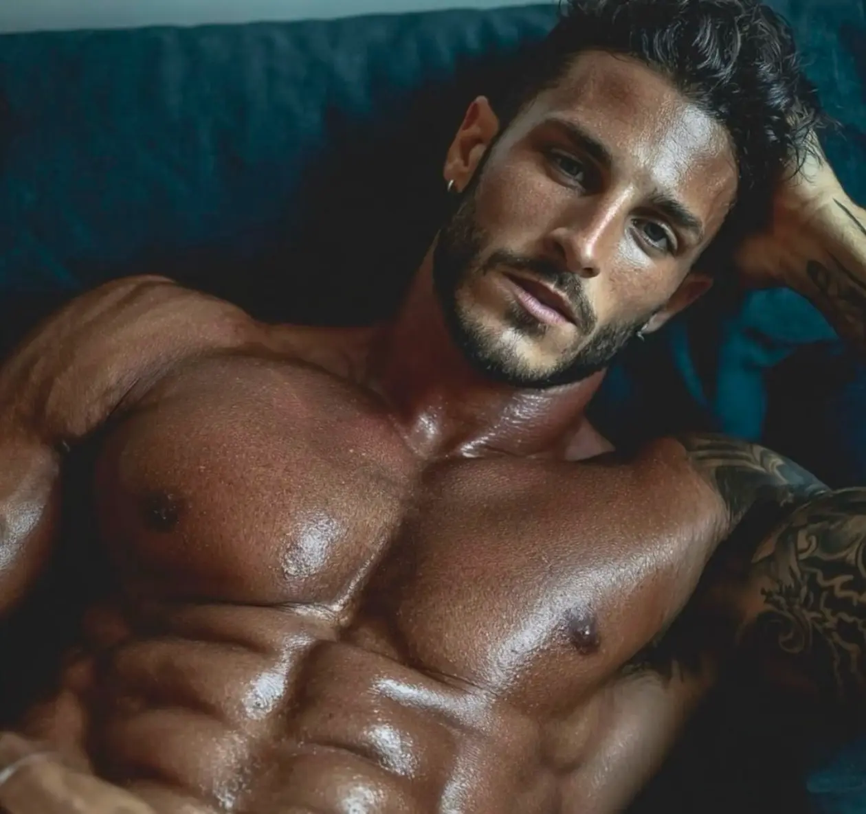 Confident muscular AI boyfriend character with a strong, protective presence