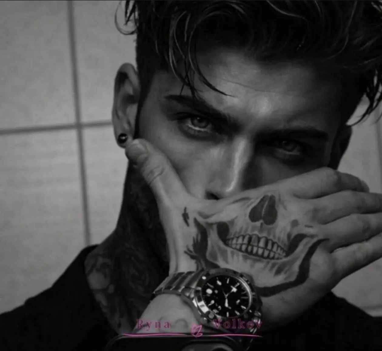 Intense AI boyfriend character with detailed tattoos and a mysterious gaze