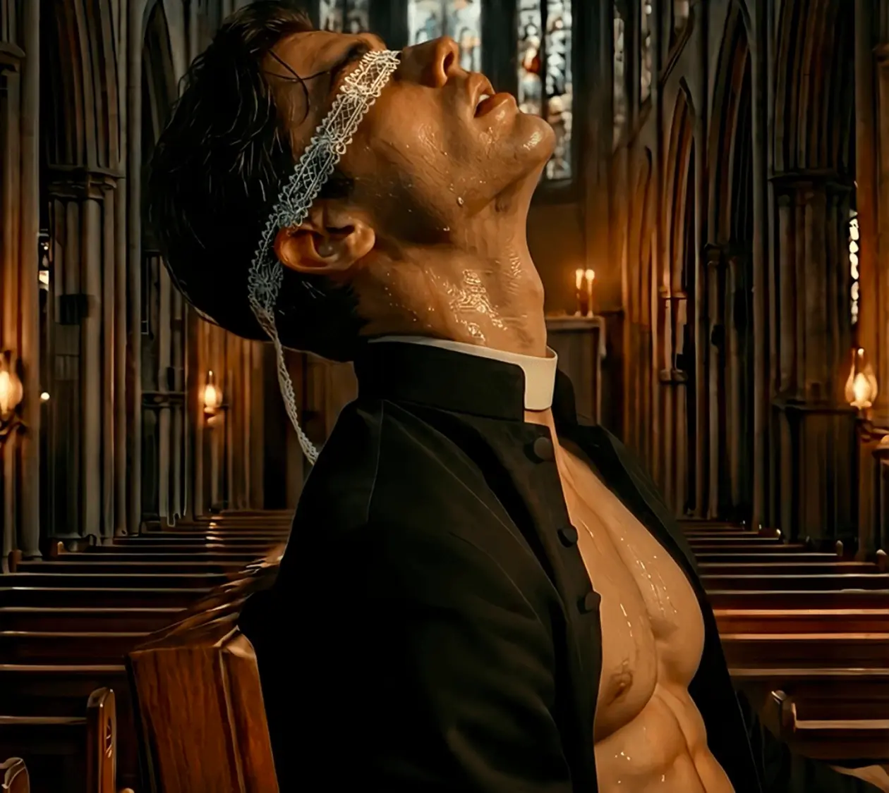 Dark and seductive AI boyfriend character in a dramatic candlelit setting