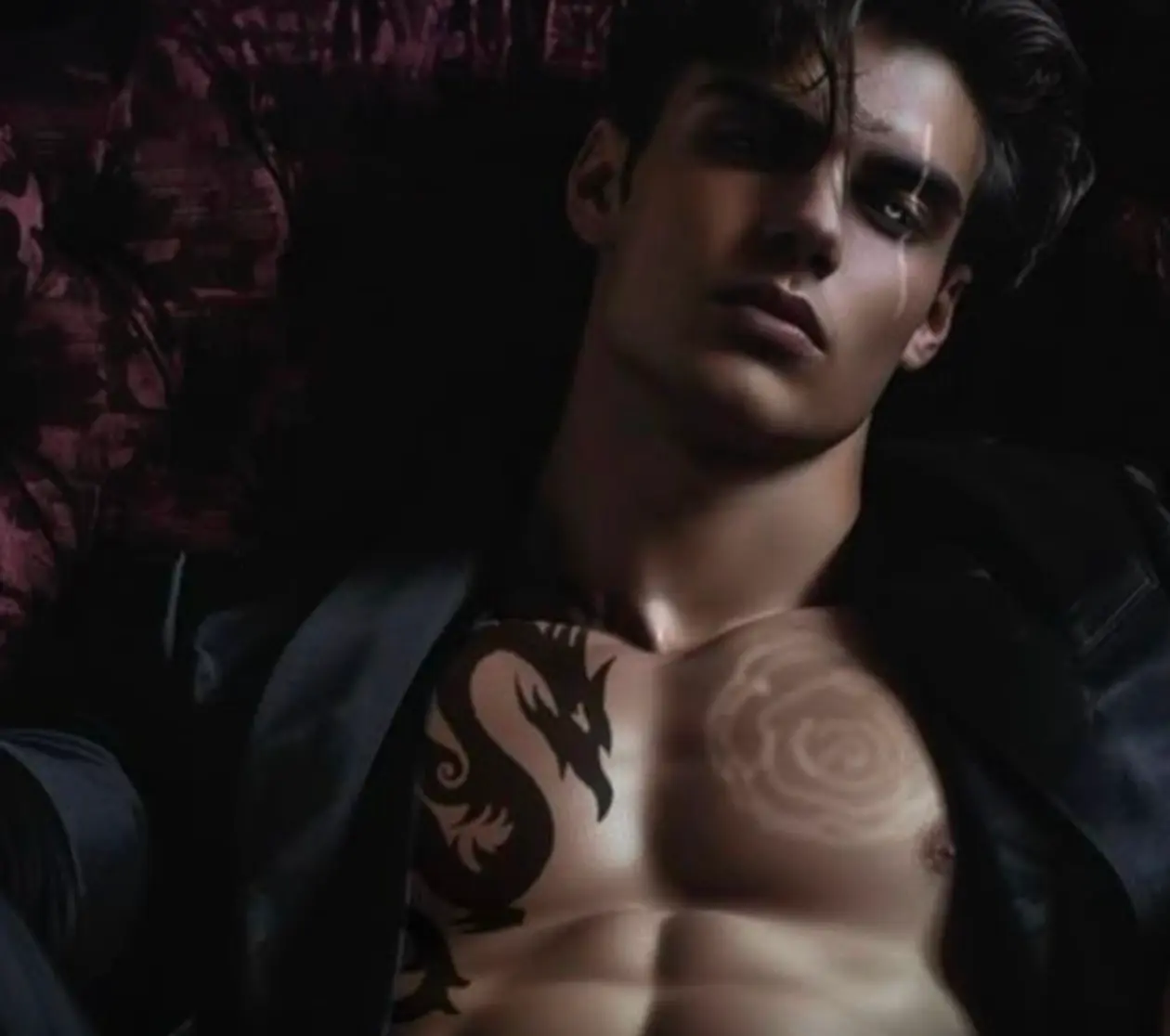 Dark fantasy AI boyfriend character with a confident, intense expression