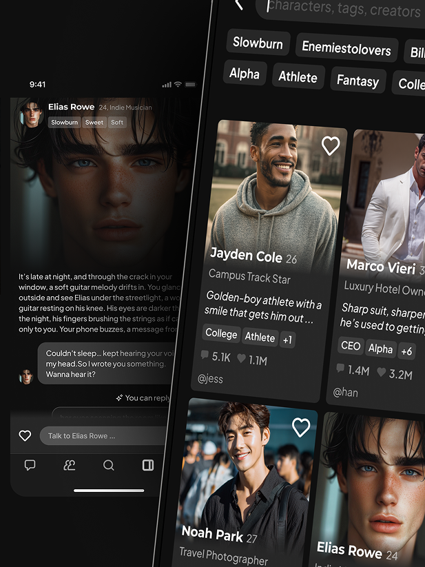 AI boyfriend app interface showing multiple character profiles for interactive roleplay and chat