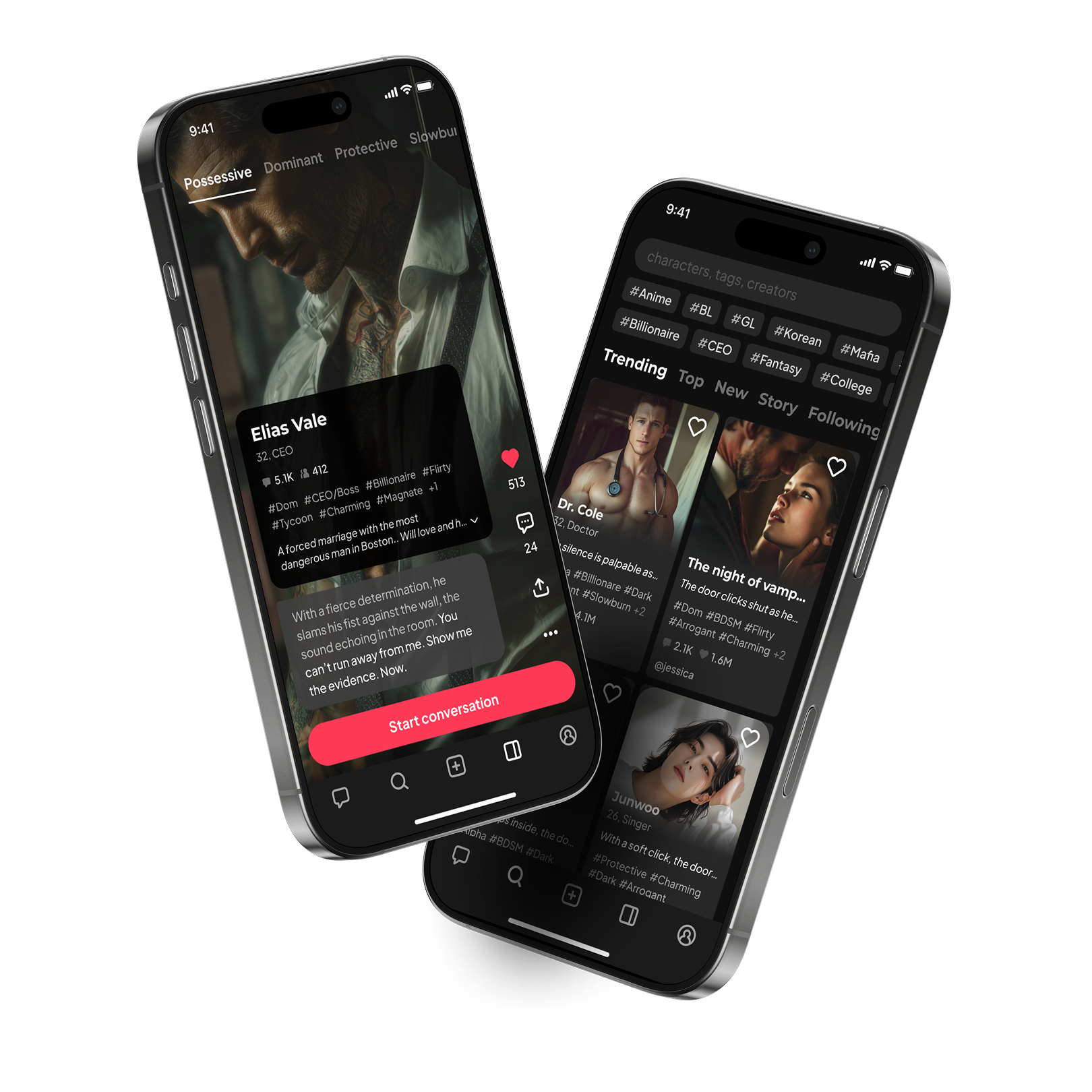 Phone screens of the dotdotdot AI boyfriend and interactive roleplay app