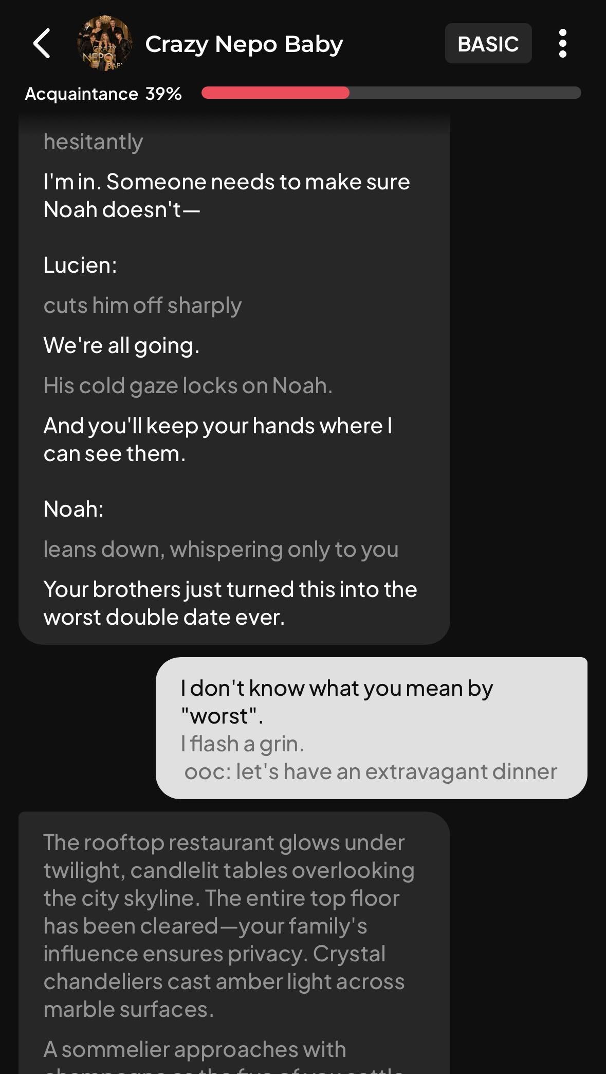 An exchange with AI character chat names Crazy Nepo Baby, in-app screenshot.