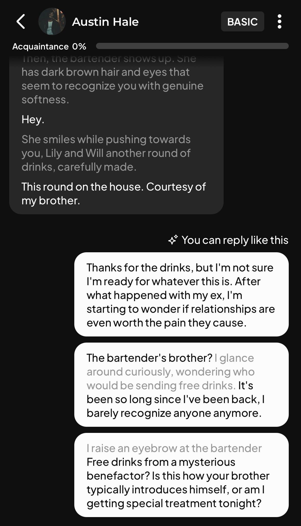 An exchange with AI character Austin Hale, in-app screenshot.