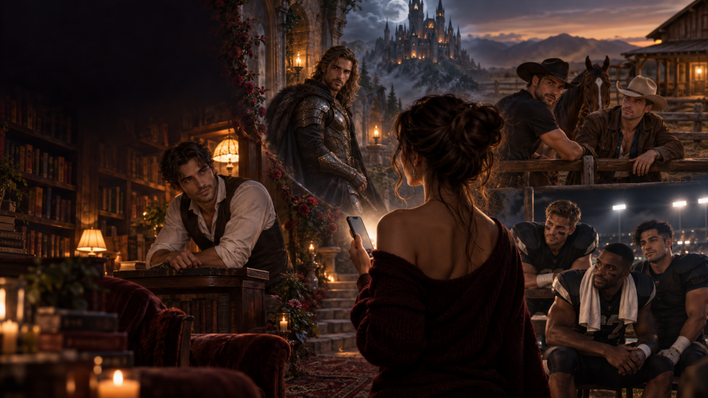 A reader choosing between romance, fantasy, cowboy, and group sports AI roleplay stories