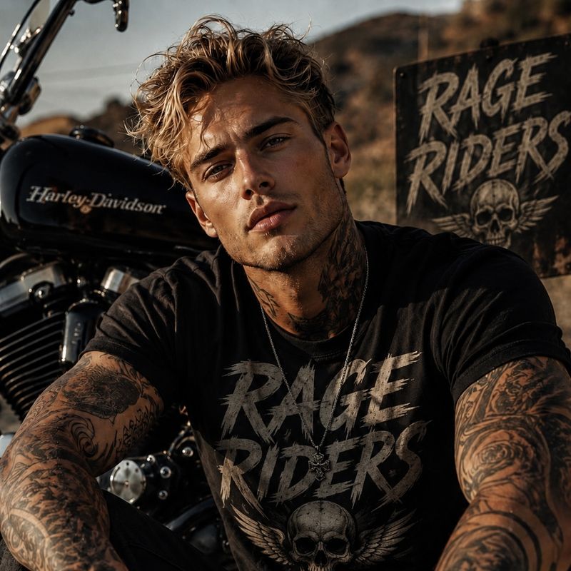 AI character Thomas Berger, a tattooed president of the Rage Riders motorcycle club, sitting beside his Rage Riders motorcycle