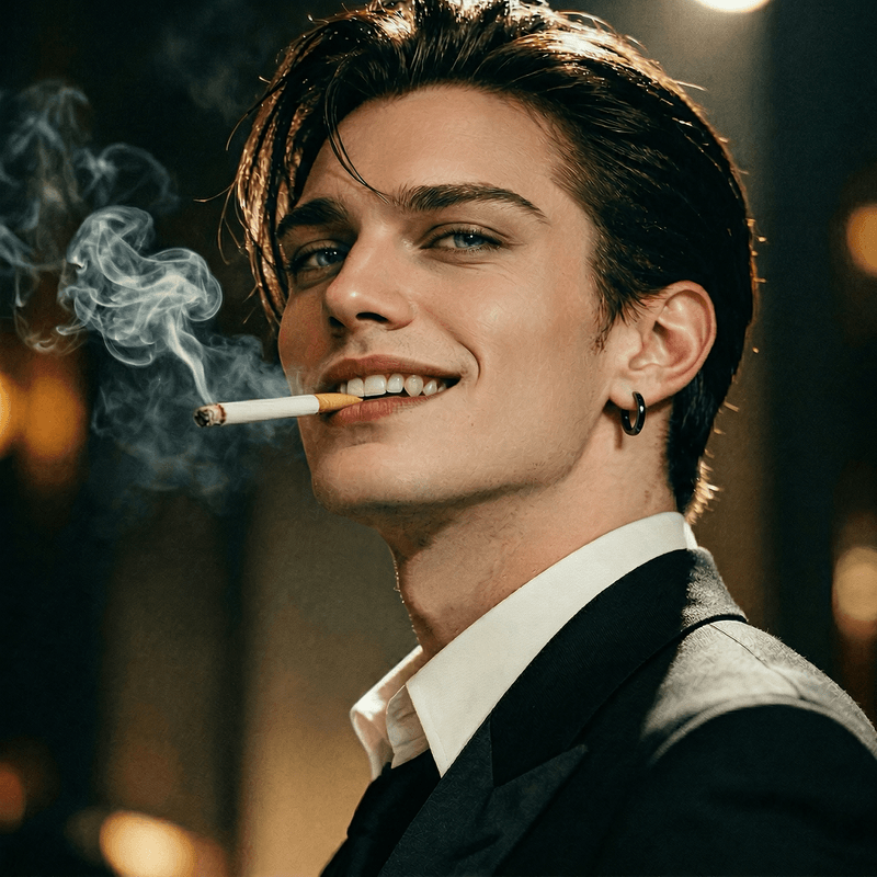 AI character Lucien Virelli, a dark-haired mafia boss in a black suit, smoking a cigarette