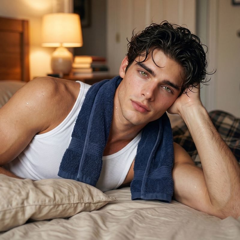 AI character Noah Bennett, a dark-haired college student resting on a bed after a workout