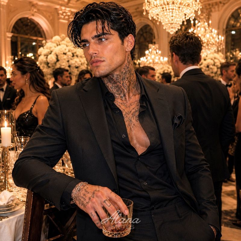 AI character Alessio Moretti, a tattooed mafia heir in a black suit at a formal wedding reception