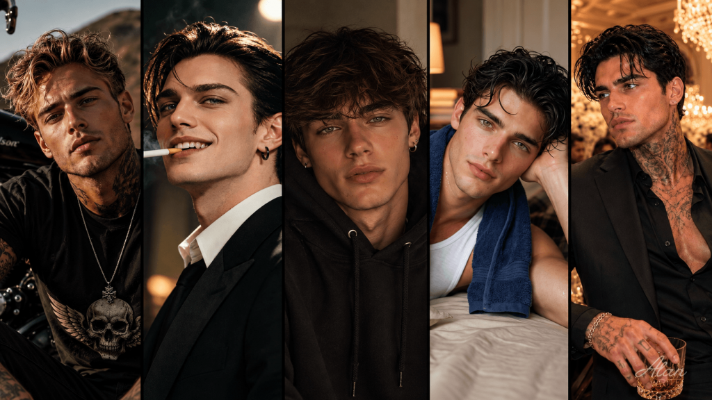 Five AI romance characters representing biker, enemies-to-lovers, forbidden romance, and mafia story tropes