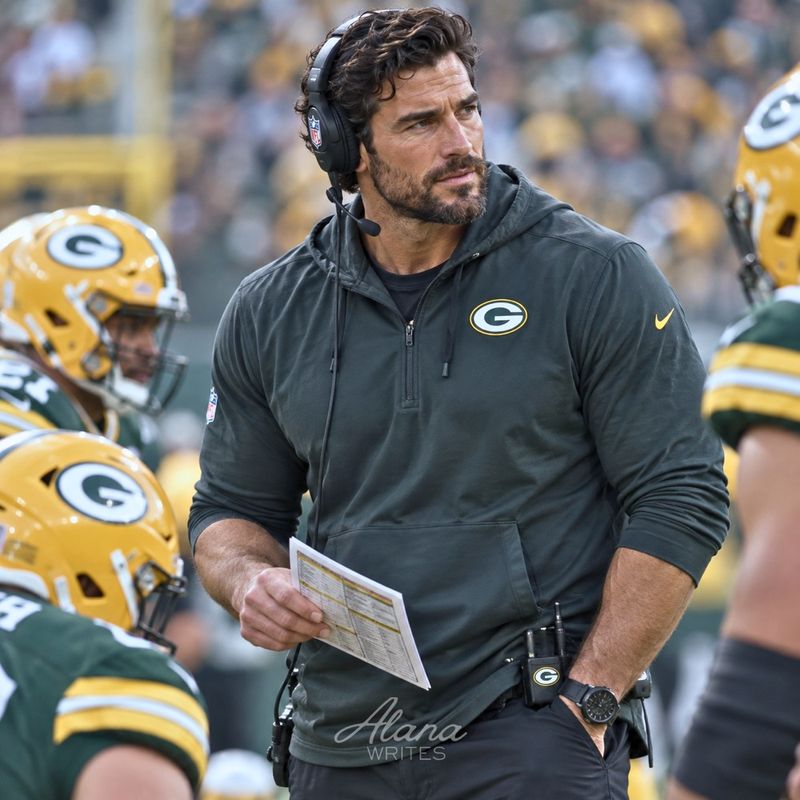AI romance male character stands on the football sideline in a hoodie and headset, holding a play sheet.