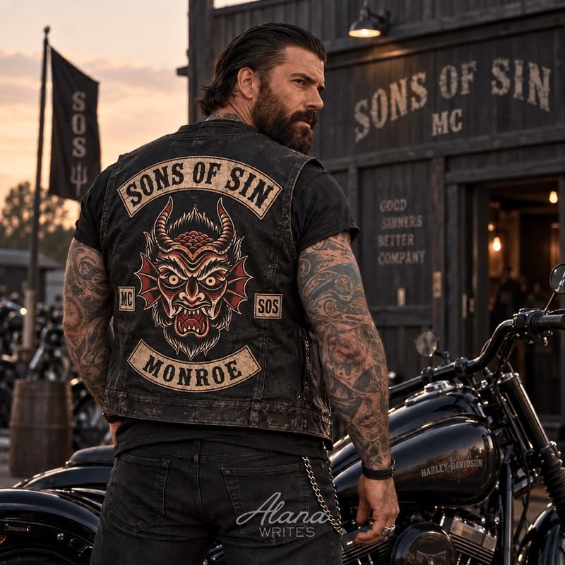 An AI romance character looks over his shoulder in a motorcycle club vest beside his bike.