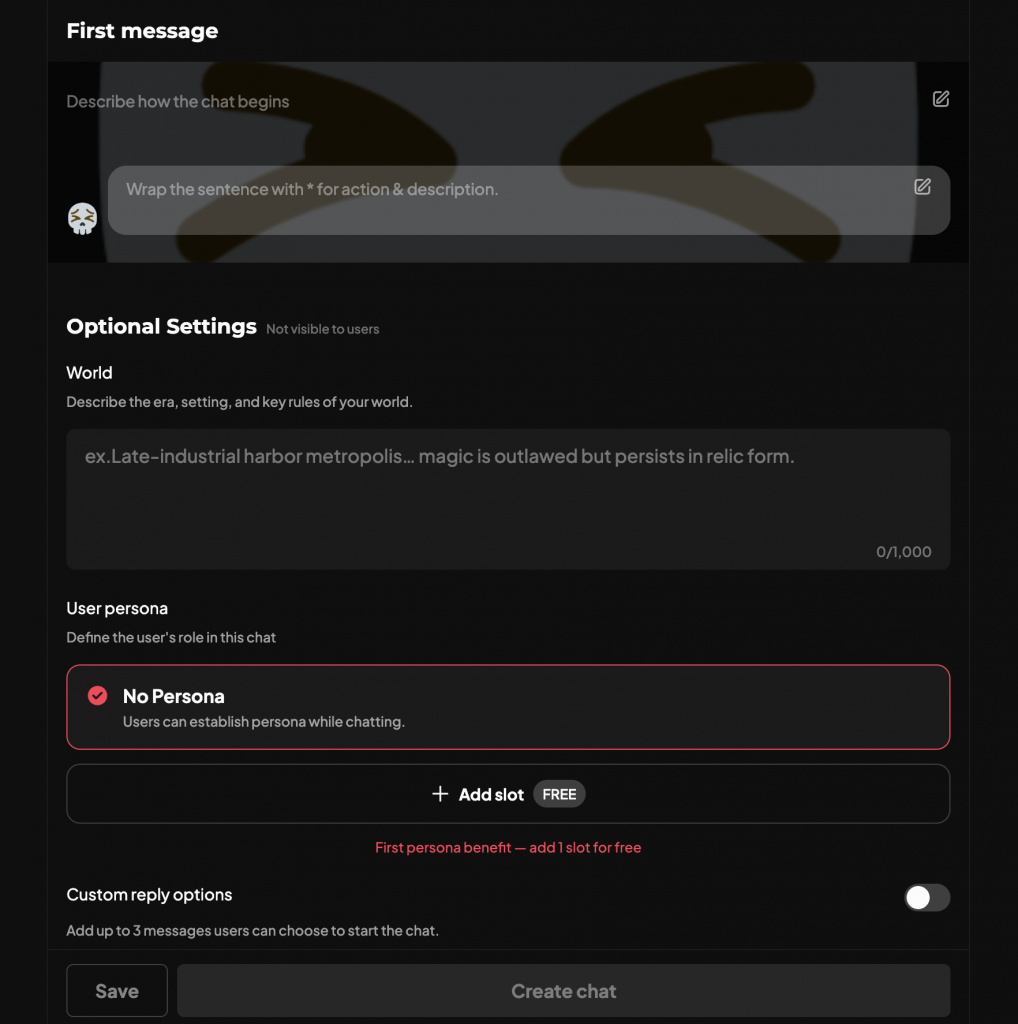 example of character creation filled out