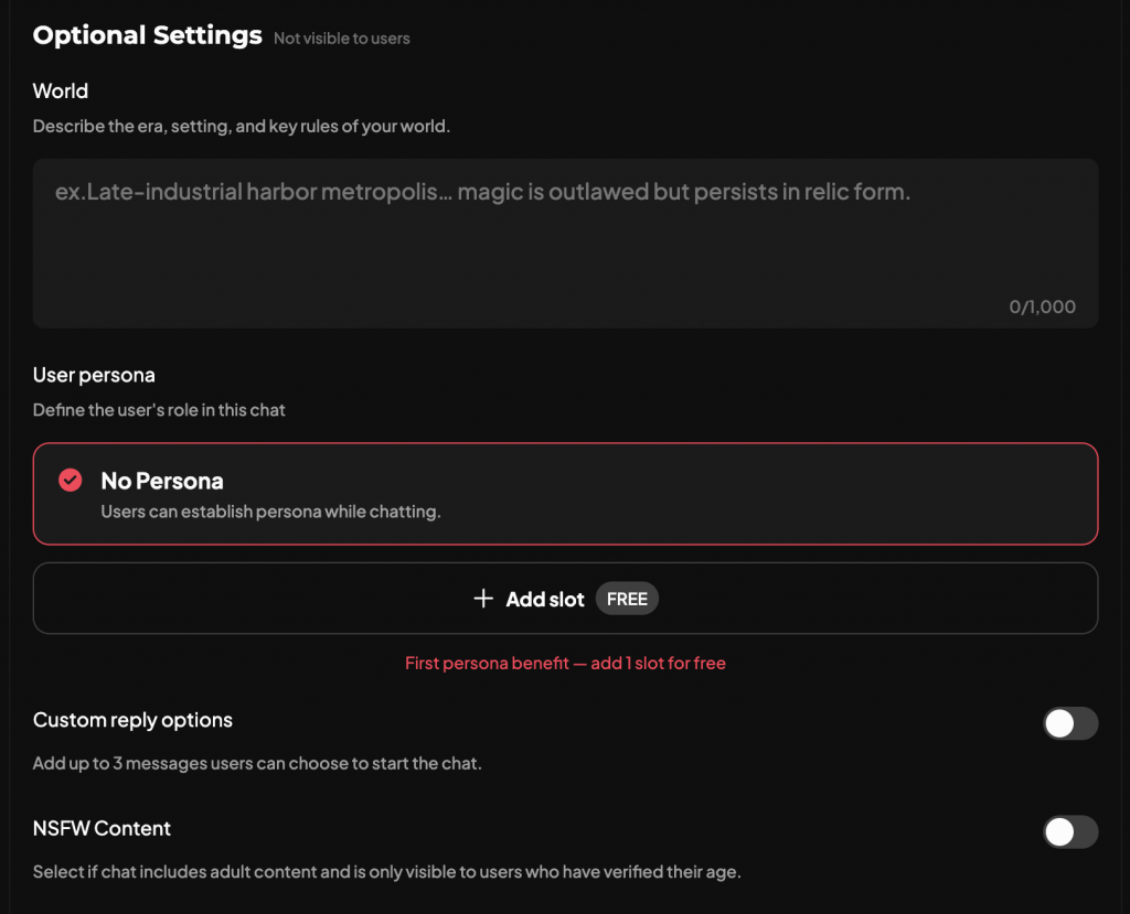 image of optional fields (First Message) in character creation